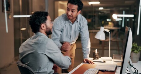 Investing, night and people with handshake in office, computer and celebration for investment profit. Stock market, shaking hands and happy trading team with fintech for bonds growth, late or success - Powered by Adobe