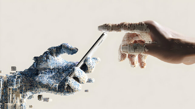 Human hand interacting with futuristic digital pixels