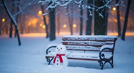 Snowman and snow covered park bench at dusk with bokeh lights winter
