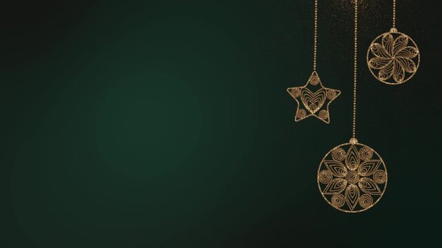 Golden shimmering Christmas decorations on a dark green background. Animation of Christmas toys on the right, free space on the left. 