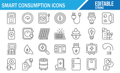 Eco-friendly power usage and smart meter line icons