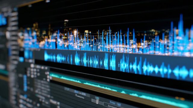 Detailed close-up of video timeline and audio tracks, waveform analysis and transition markers, creative editing workspace for filmmaking or content creation