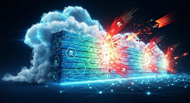 Digital firewall breach with exploding red arrows and skull symbols attack security