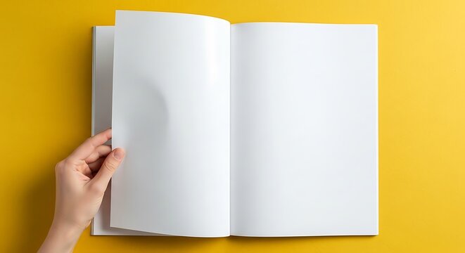 Top view of a hand turning a blank page of an open book or magazine, offering ample copy space on a vibrant yellow background - Powered by Adobe