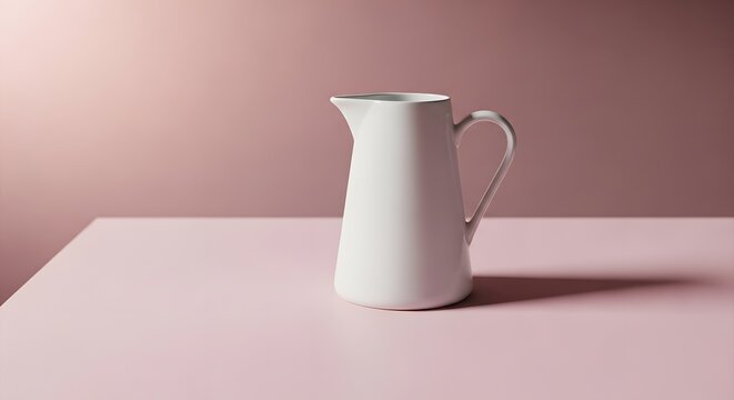 Minimalist white ceramic pitcher on a pink surface with soft lighting