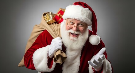 A jolly Santa Claus with a white beard and glasses, wearing a red suit and carrying a large sack of Christmas presents.