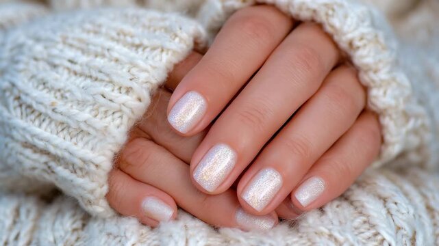 Elegant manicured nails in pearlescent ivory, macro focus on cuticles and nail curvature, subtle sparkles creating refined beauty aesthetic