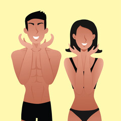 Couple Men and Women Vector Illustration wearing black underwear/undergarment, body inner wear, posing cutely