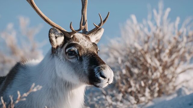 Elegant reindeer posed on white background, warm cinematic light casting soft shadows, fur details and antler structure emphasized, high-resolution wildlife capture