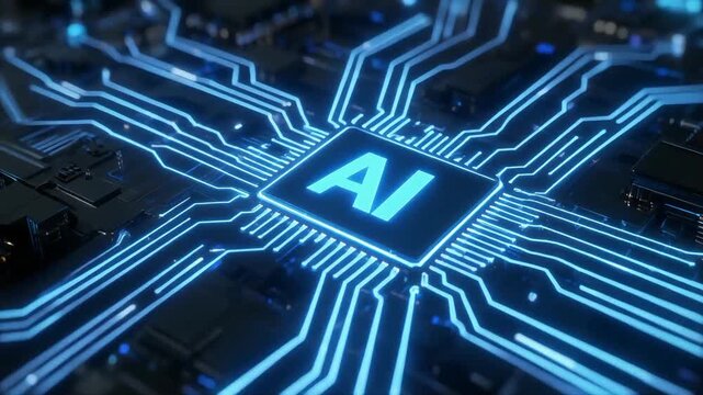 Futuristic artificial intelligence processing chip illuminating a complex digital network, symbolizing advanced computing and the future of technology