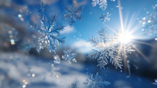 Frost and snowflakes forming intricate patterns on glass, sunlight casting shimmering reflections, serene winter sky in soft focus behind