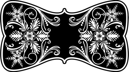 An ornate, symmetrical black and white floral design with intricate details.