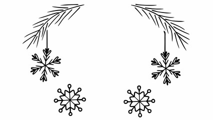 Black and white illustration of fir branches with hanging snowflake ornaments.