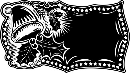 Festive black and white illustration of a Christmas bell and holly, framed.