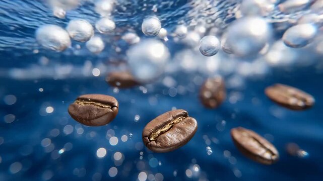 Floating roasted coffee beans surrounded by thousands of tiny bubbles, serene underwater atmosphere with reflections and refracted light patterns