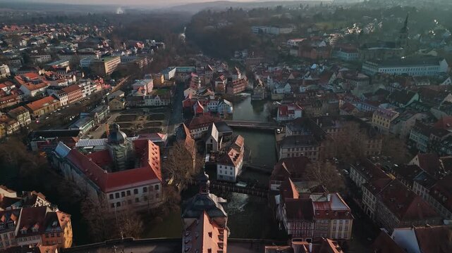 Aerial view of the Old Town Hall, the Regnitz River in the historic city center, winter, Bamberg, Bavaria, Germany.
