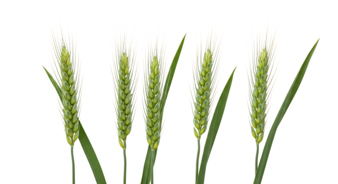 green wheat stalks, with detailed kernels and long awns, cutout, PNG isolated on transparent background