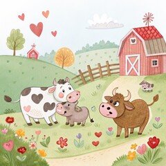 Obraz premium Farmyard Family Love A heartwarming watercolor illustration of cows and a calf on a green farm with a red barn and colorful flowers, depicting gentle affection. Farm, Love, Watercolor,