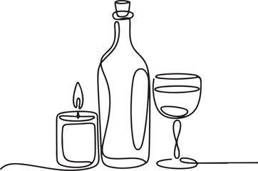 Continuous Line Art Illustration of Bottle Candle and Glass Elegant Dining Centerpiece Minimal Style
