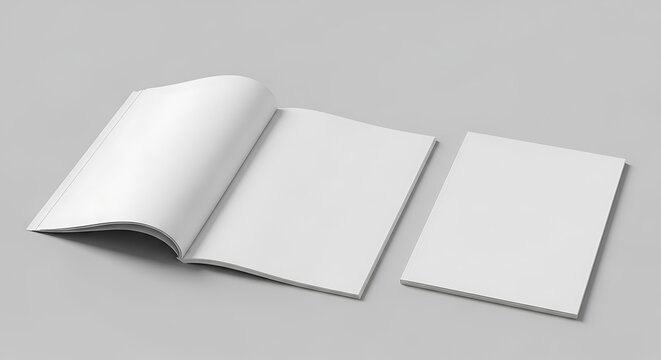 Collection of blank white book and magazine mockups, one open and two closed, for branding and publication design presentation on a light grey background