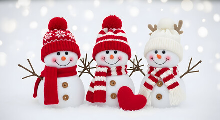Cute Snowman Family in Red Knitted Hats and Scarves with Heart Winter Christmas Scene
