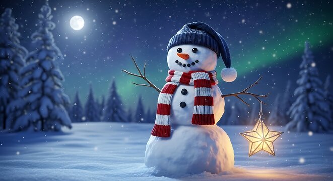 Snowman wearing striped scarf and hat in snowy forest with moon and aurora winter night