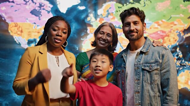 Family exploring a colorful world map background, engaging in a joyful conversation about geography