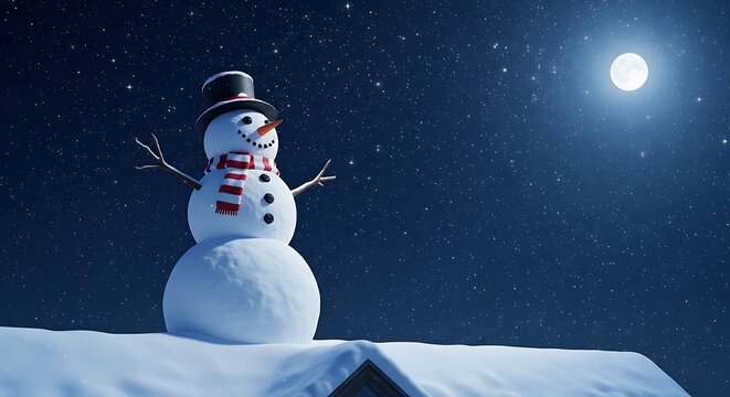 Snowman with striped scarf and top hat on snowy roof under starry night sky with full moon winter - Powered by Adobe