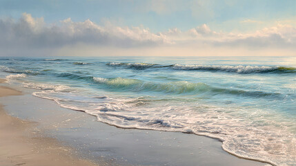 An ocean seascape captured at eye level on a sunny day. The scene depicts a sandy beach stretching towards the sea under a cloudy sky. The ocean waves gently wash over the shoreline.