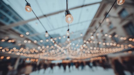 Warm blurred ice rink lights create a festive winter atmosphere with cozy holiday glow