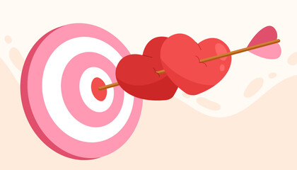 Two hearts pierced by the arrow on pink target for Valentine's day. Flat vector illustration for love decoration, print, banner, sticker, wedding invitation card. Love archery and target.
