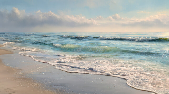 An ocean seascape captured at eye level on a sunny day. The scene depicts a sandy beach stretching towards the sea under a cloudy sky. The ocean waves gently wash over the shoreline. - Powered by Adobe
