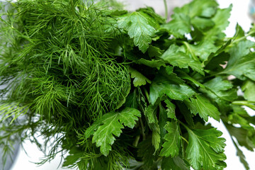 Organic dill and parsley herbs detailed macro food composition.