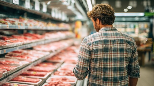 A man examines various cuts of meat displayed in a grocery store aisle while shopping. - Powered by Adobe