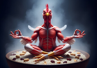 Muscular Chicken Man Meditating in Lotus Pose on Rice and Nuts Bowl Surreal Funny Concept