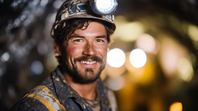 Rare earth miner wearing headlamp working deep underground, narrow passage illuminated by equipment lights