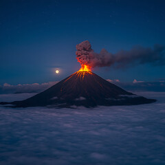 Erupting volcano showcased against a sea of clouds at night, illustrating a dramatic and awe-inspiring natural phenomenon.