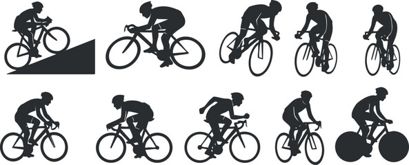 Naklejka premium Silhouette vector icon set showing various cycling postures and actions, ideal for sports and fitness designs