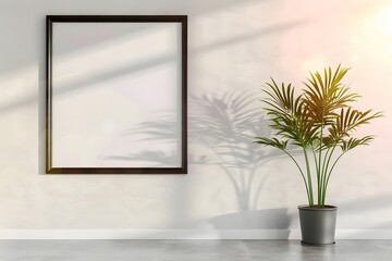 Vertical Blank Frame Mockup with Sunlight and Potted Plant &ndash; Minimal Interior Scene