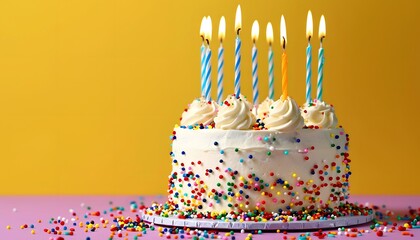 Birthday Cake with Lit Candles and Sprinkles on Colorful Background