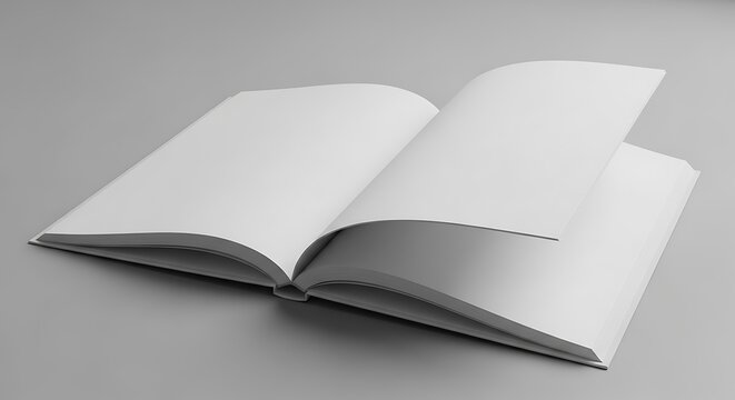 Open blank book or magazine with white pages on a grey background, perfect for mockups, presentations, and custom design