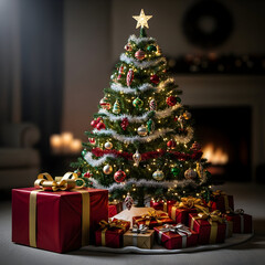 Photorealistic Christmas Tree Setup with Wrapped Gift Box