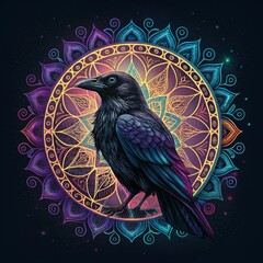 Fototapeta premium Raven's Mystical Mandala Detailed digital art featuring a black raven perched on a vibrant, colorful mandala with cosmic background, conveying mystery and magic. ,art,digital art