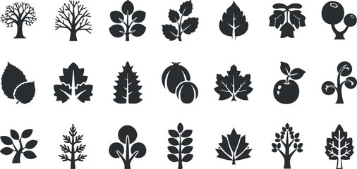 Silhouette vector icon set featuring various trees, leaves, and plants for nature-themed design projects