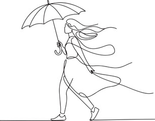 Continuous Line Art Illustration of Woman Walking in Windy Weather Holding Umbrella Minimal Dynamic Scene