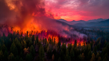 Dramatic aerial view of a raging forest wildfire against a fiery sunset sky