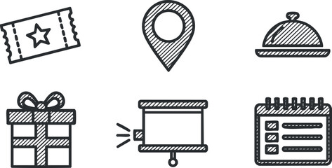 Outline vector icon set featuring gift, ticket, location marker, food dome, and calendar for event planning and organization