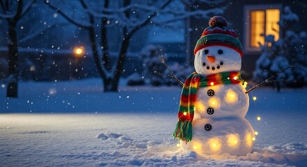 Snowman with colorful scarf and lights in snowy night with house window winter snowfall