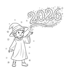 A young wizard casts a spell for the year 2026, isolated on white background