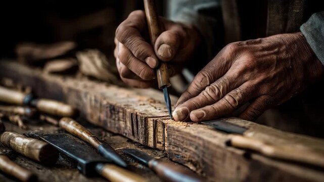 Craftsman skillfully carves wood using hand tools in a traditional workshop during daylight hours